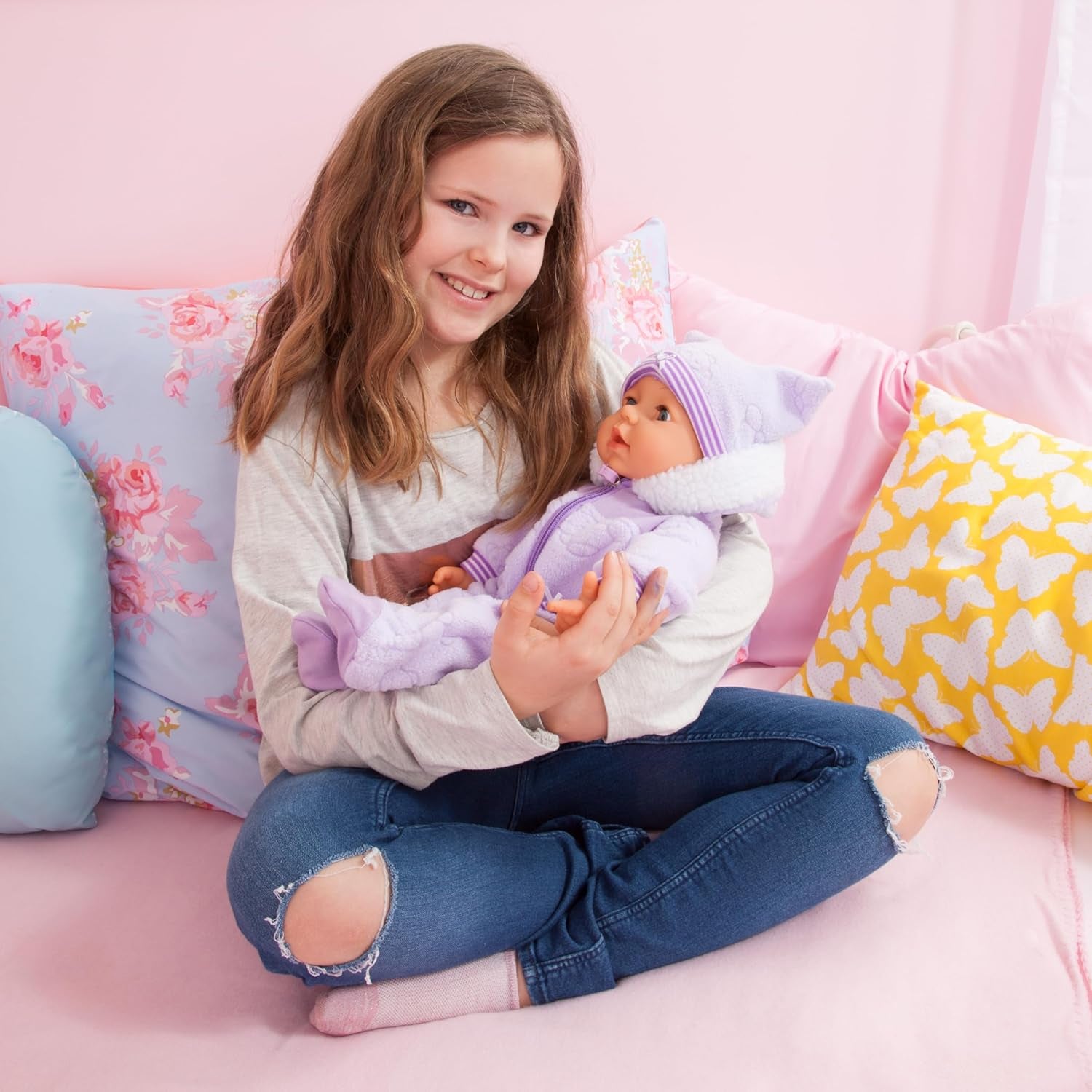 Bayer Design 94694AG 94694AA, poupée fonctionnelle, poupée interactive Piccolina Magic Eyes, bouge la bouche, cligne et ferme les yeux, parle, violet, 46 cm