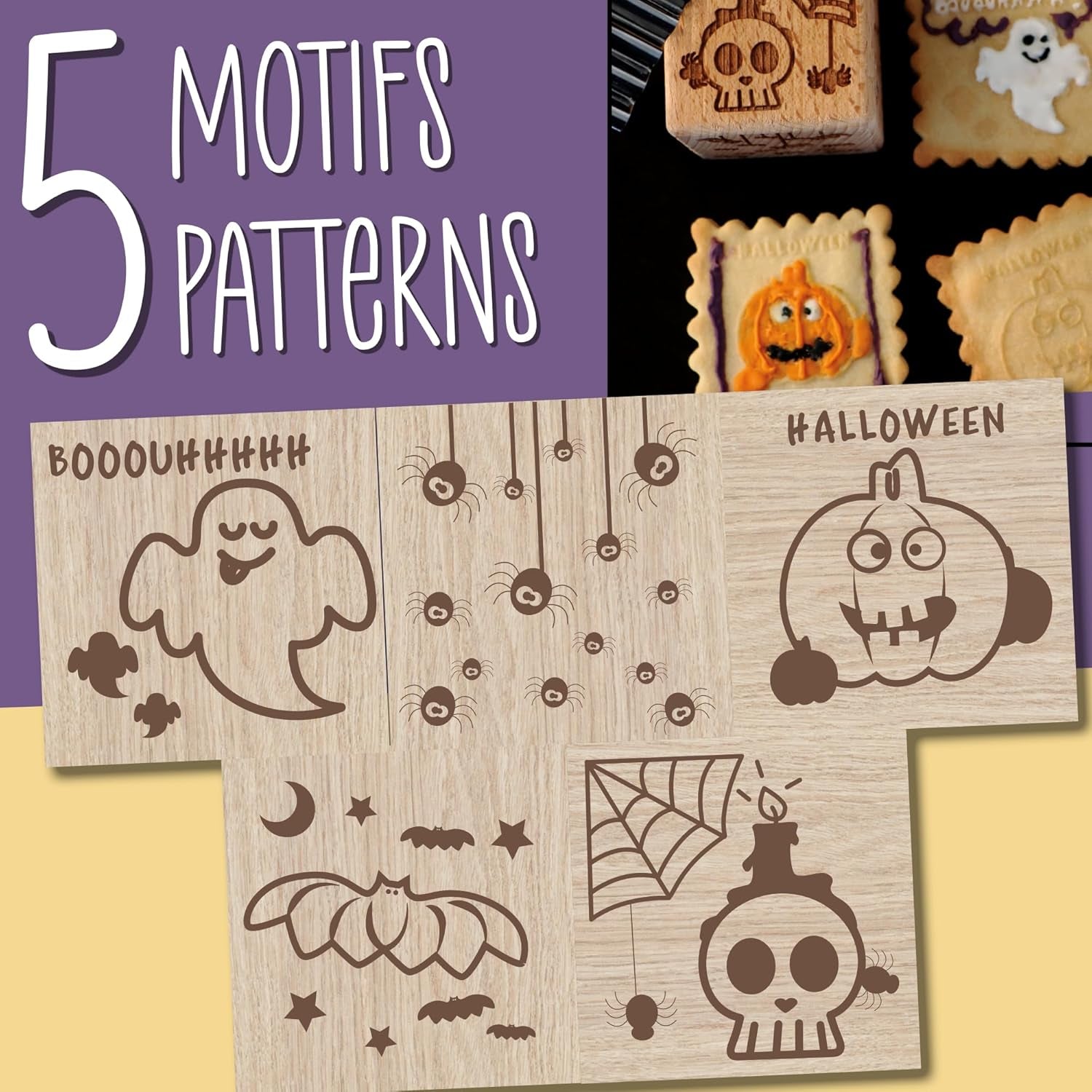 ScrapCooking – Ștampilă din lemn pentru patiserie cu modele de Halloween – cu 1 formă de biscuiți și formă de cub cu 5 fețe gravate în relief – 5298