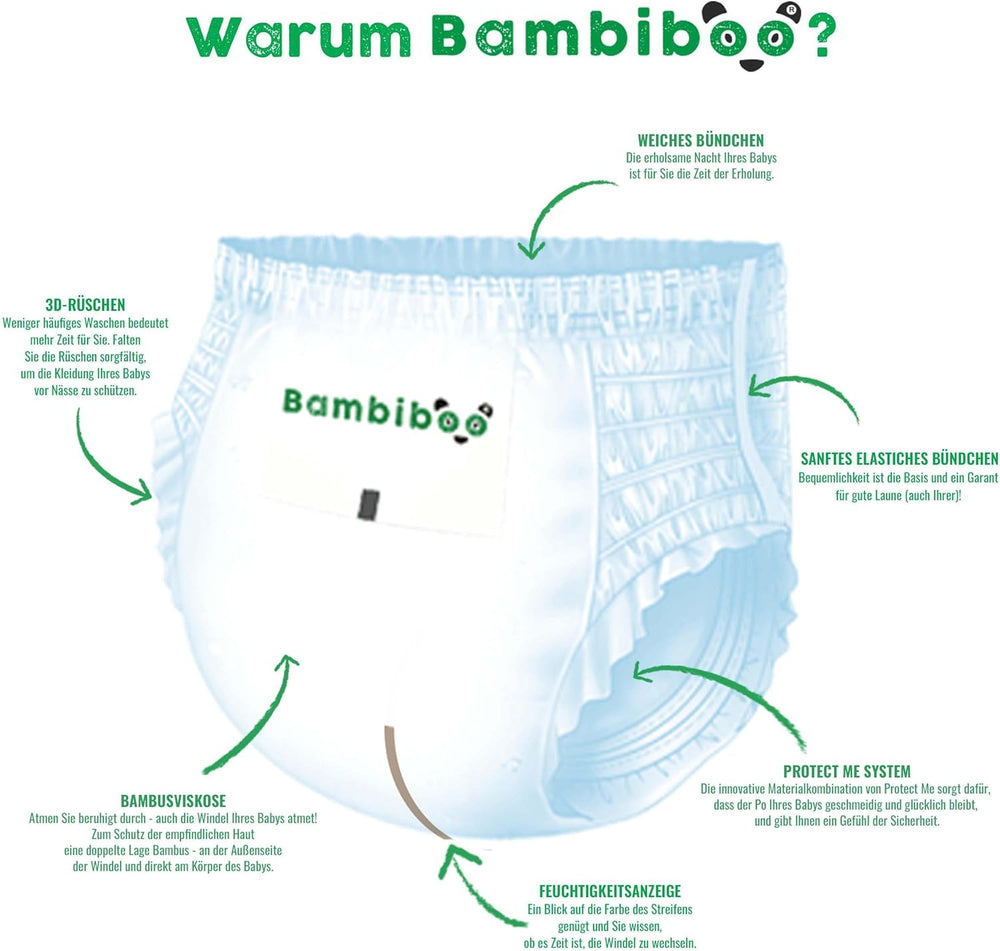 Bambiboo Couches jetables, respectueuses de la peau, fibre de bambou fine - Couches pour bébé - Couvre-couches jetables - Protection de la peau sensible - Très absorbante - Taille 4 (Maxi), 16 pièces