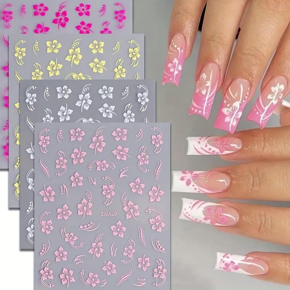 8 pièces Hibiskus Nagelsticker, 3D Selbstklebende Blumen Nagelaufkleber, Weiß Rosa Gelb Magenta Sommer Neonail Sticker, Nail Art Zubehör Nagel Deko Für Frauen