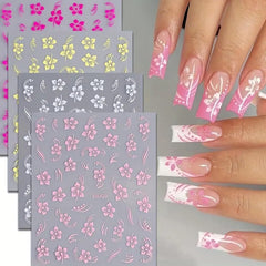 8 pièces Hibiskus Nagelsticker, 3D Selbstklebende Blumen Nagelaufkleber, Weiß Rosa Gelb Magenta Sommer Neonail Sticker, Nail Art Zubehör Nagel Deko Für Frauen