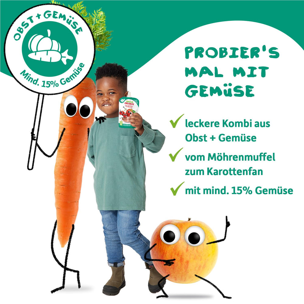 FRECHE FREUNDE Lot de 6 sachets de fruits à presser bio avec pommes, fraises, betteraves et carottes, purée de fruits et légumes dans un sachet à presser pour bébé à partir de 6 mois, végétalien, lot de 6 (6 x 100 g)