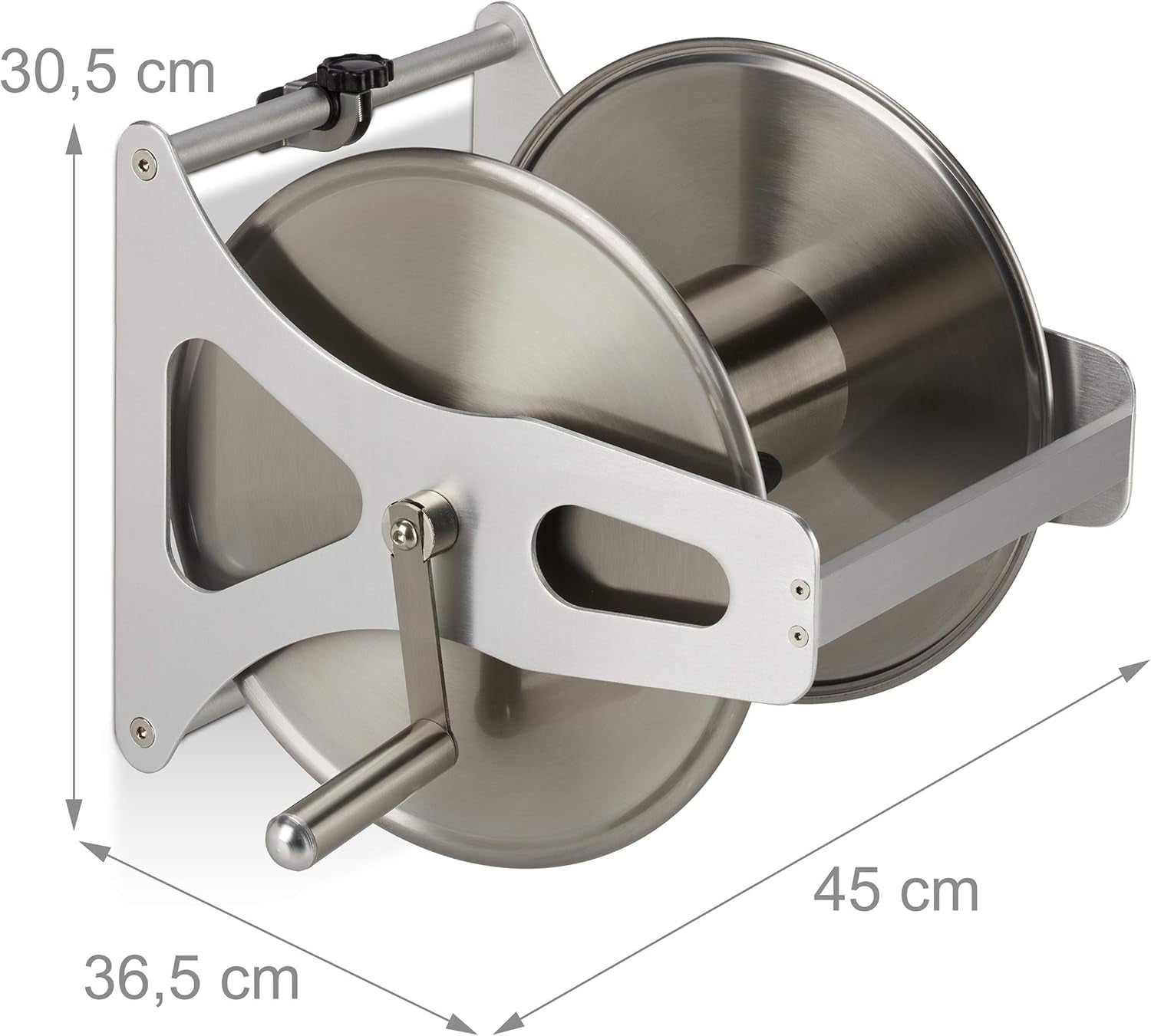 Relaxdays Rolă metalică pentru furtun, înfășurare furtun goală, oțel inoxidabil și aluminiu, montare pe podea și perete, 30,5x45x36,5 cm, argintiu
