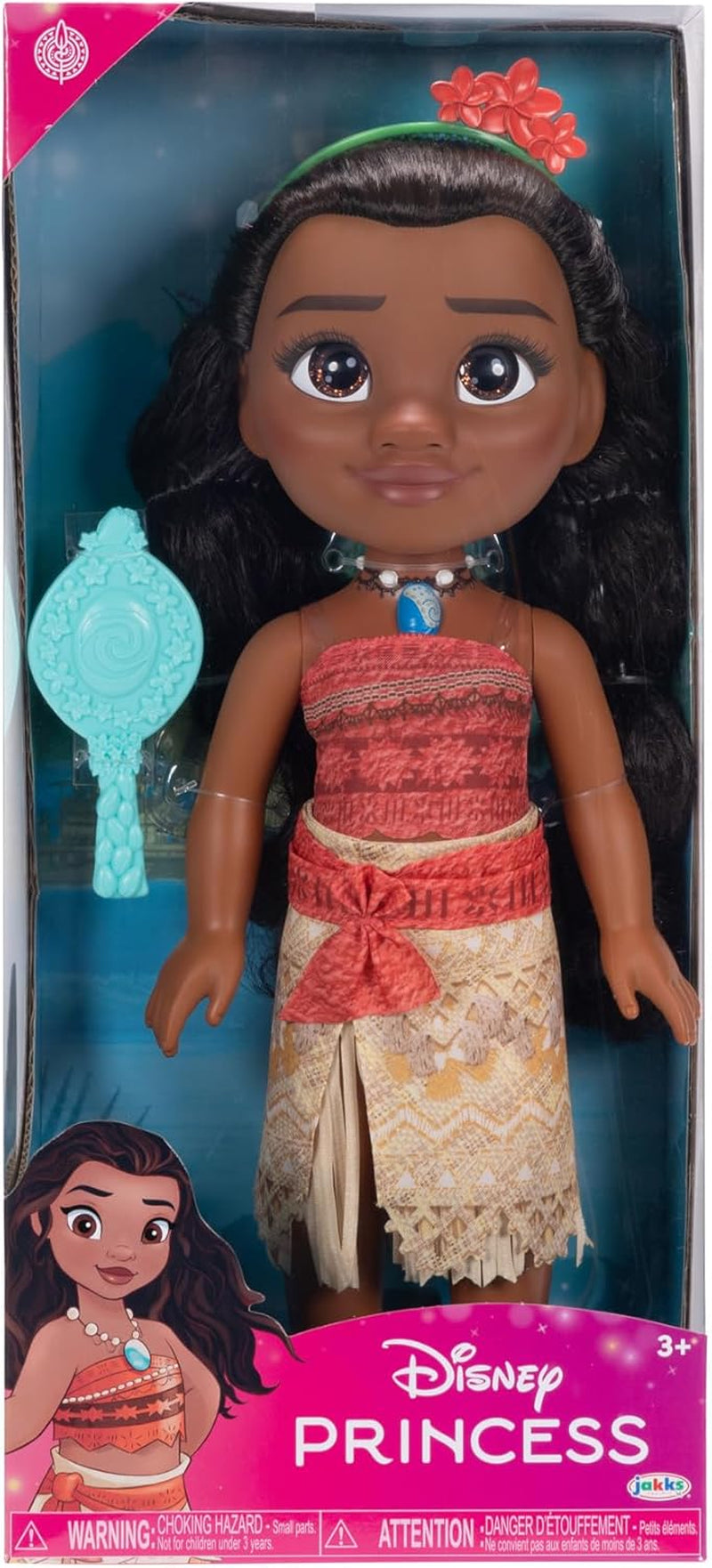 Poupée Disney Princess Moana de 35 cm, yeux réfléchissants à paillettes, articulations mobiles, tenue détachable, pince à fleurs, cheveux longs, pour filles à partir de 3 ans