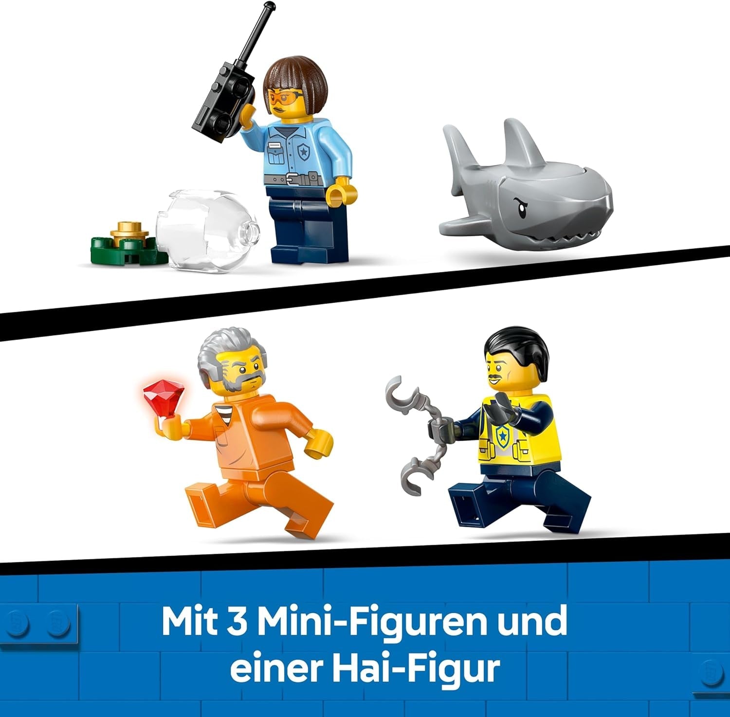 LEGO City Verfolgungsjagd im Polizeiboot – Spielset mit schwimmfähigem Schnellboot, Schlauchboot des Ganoven, 3 Mini-Figuren und Einer Haifigur – Geschenk für Jungen und Mädchen ab 6 Jahren – 60456