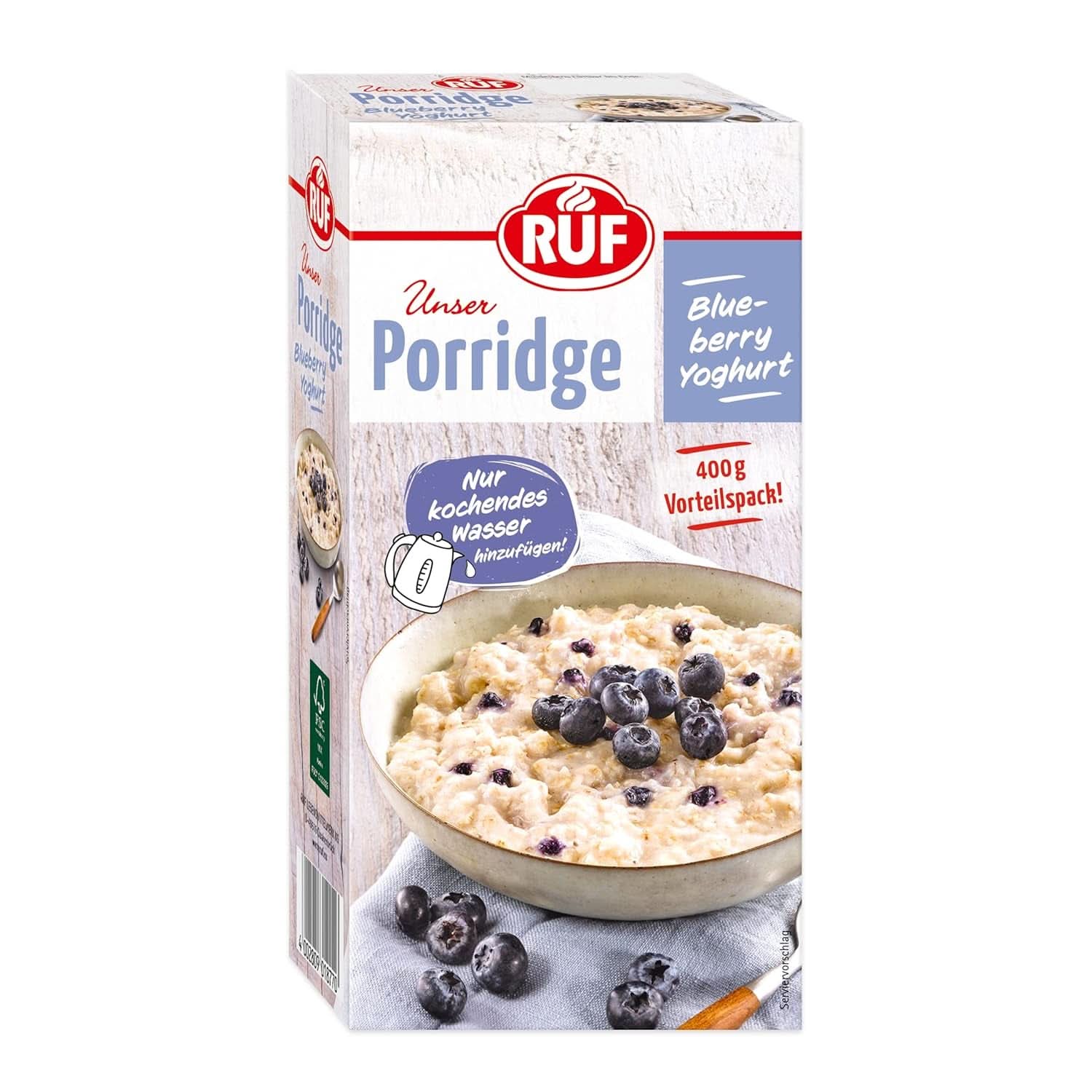 RUF Porridge Pomme Cannelle, avec flocons d'avoine complets, fine saveur de cannelle et morceaux de pommes séchées, 400 grammes Céréales Naty Shop 400 grammes Yaourt aux myrtilles