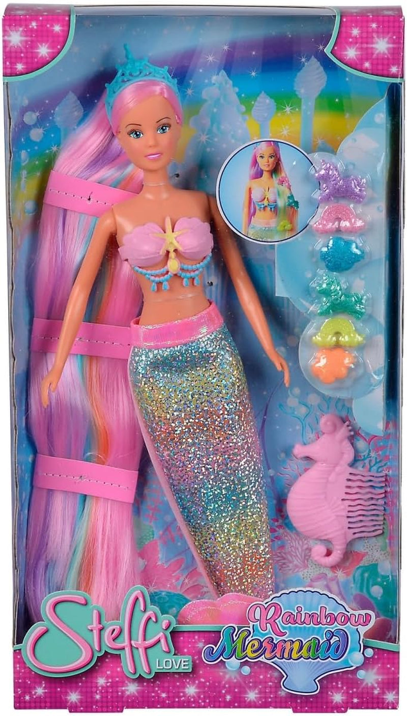 Simba 105733610 - Steffi Love Rainbow Mermaid, poupée à habiller sirène arc-en-ciel avec cheveux colorés, pinces à cheveux, peigne et nageoire amovible, poupée de jeu 29 cm, à partir de 3 ans Poupées Naty Shop