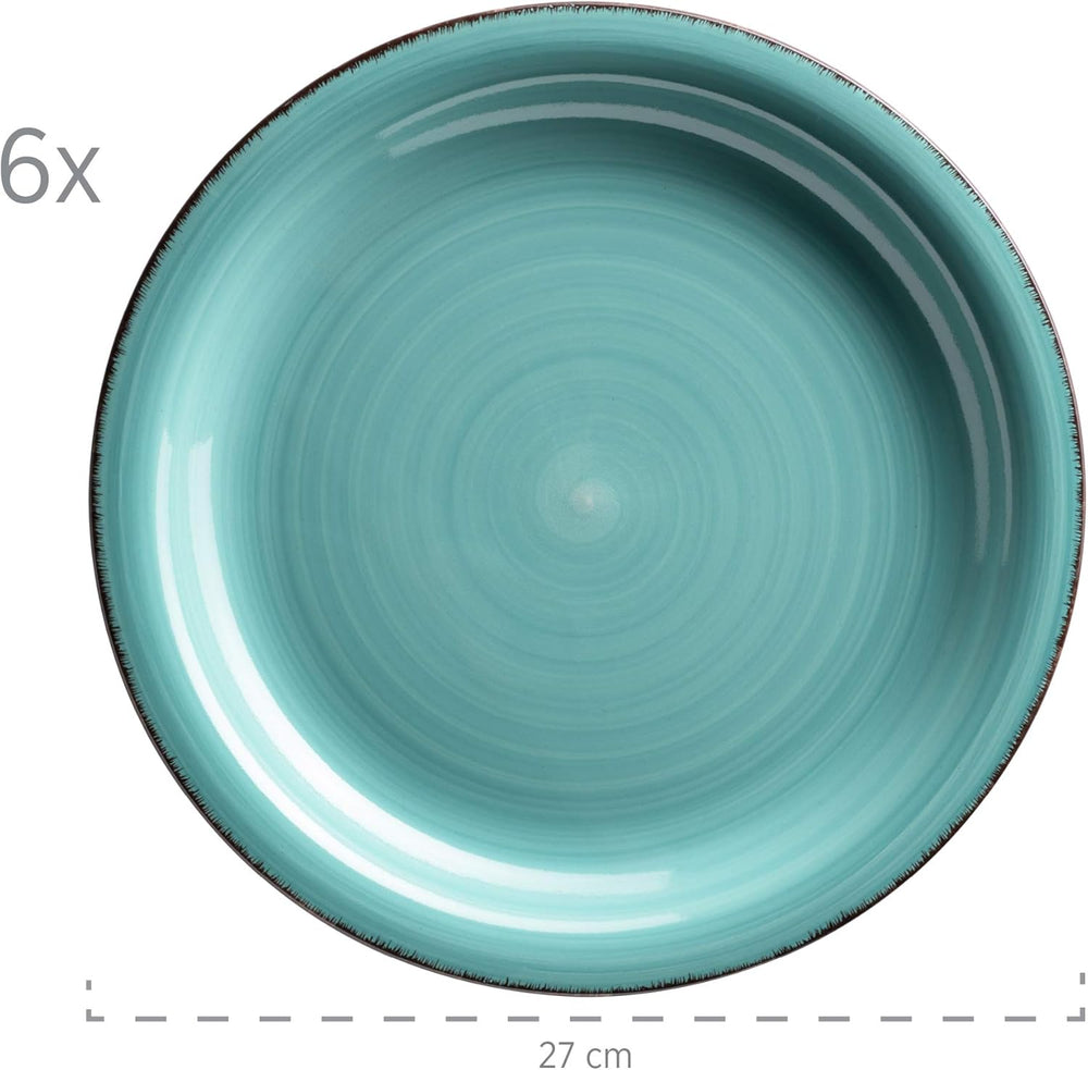 MÄSER Bel Tempo II Teller-Set for 6 Personen im modernen Vintage Look, 12-teiliges Tafelservice, handbemalt, Türkis, Steingut, 27 centimètres