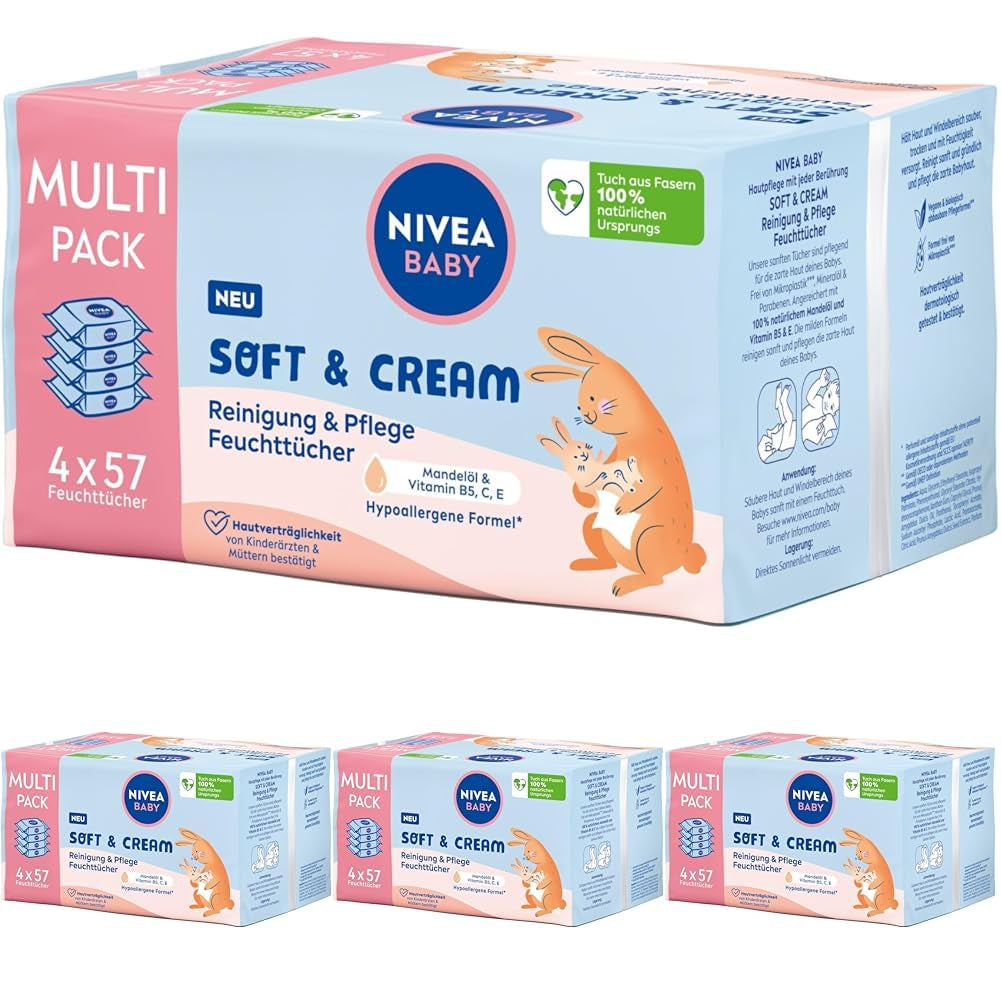 NIVEA BABY Lingettes humides Soft & Cream pour bébé (4 x 57 pièces)