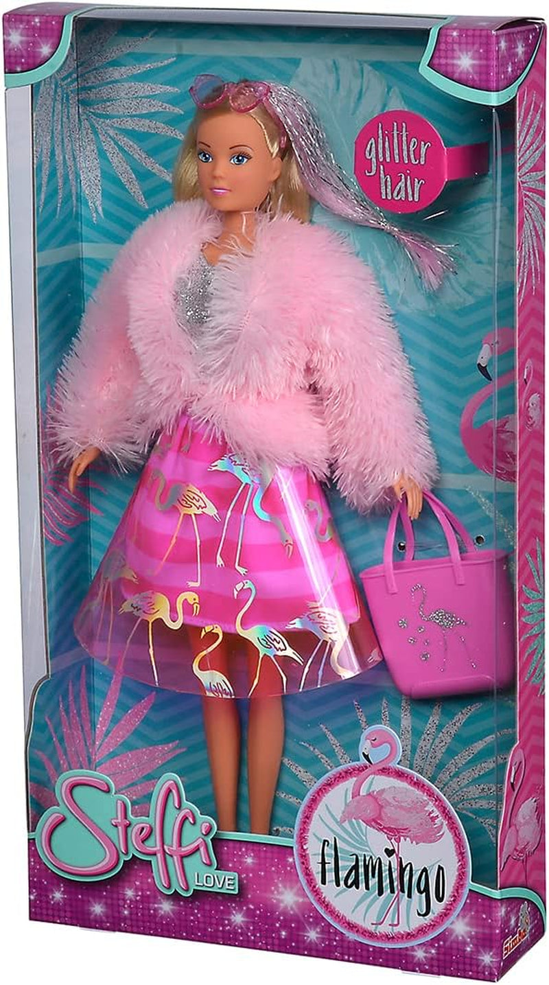 Simba Love Flamingo, Ankleidepuppe im modischen Outfit, Felljacke, Glitzerrock und Handtasche, Puppe 29cm, ab 3 Jahren, 105733559
