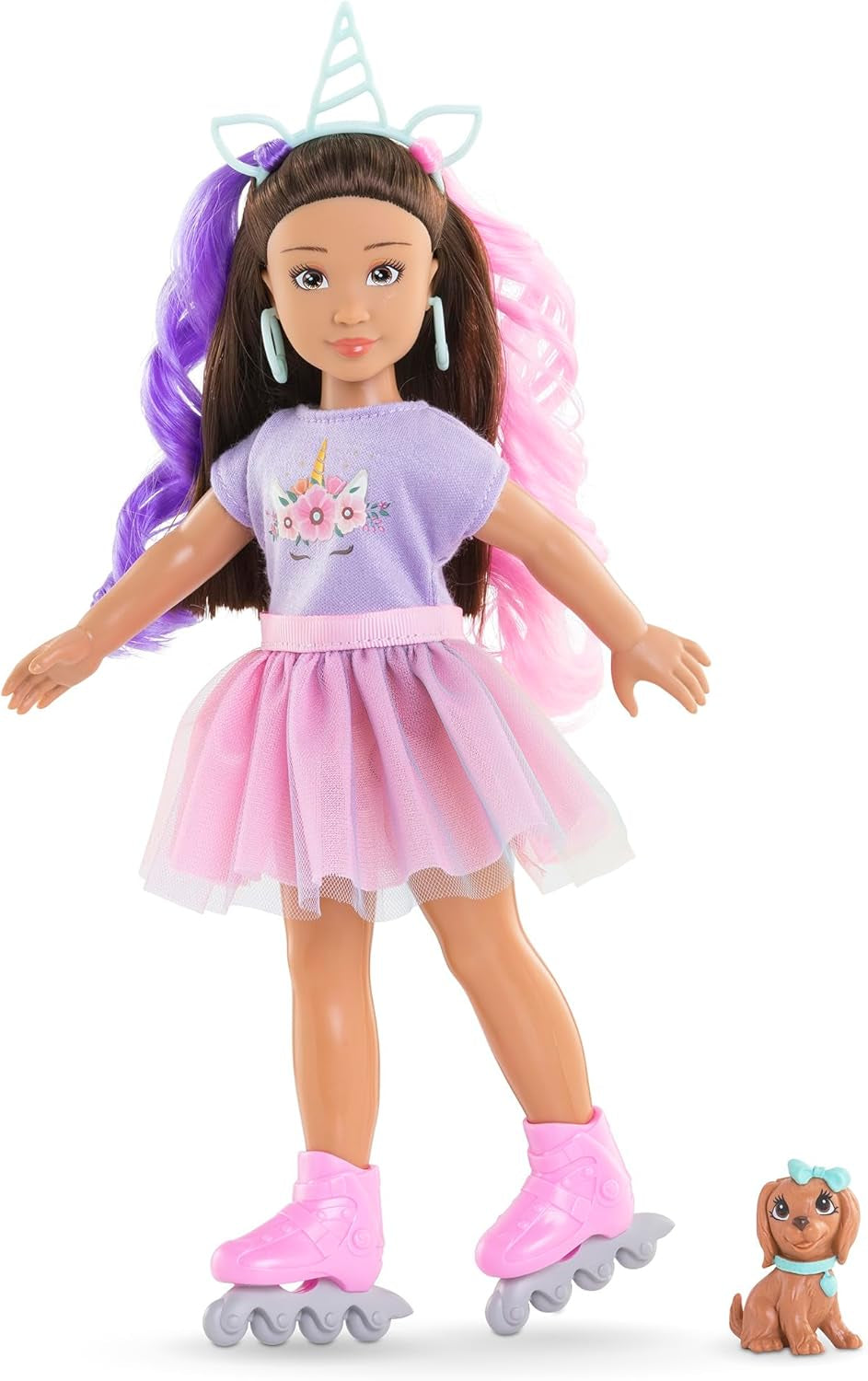 Corolle Girls Luna Einhorn Set, Ankleidepuppe mit Hund, Unicorn-Haarreif, Ohrringe und extra Inlineskates, Vanilleduft, 28cm, ab 4 Jahren