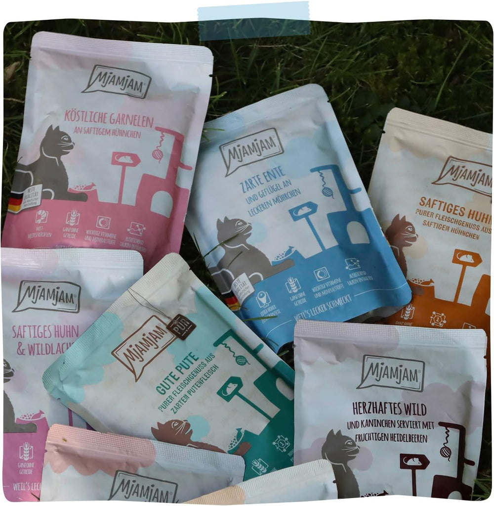 MjAMjAM - Nourriture humide de qualité supérieure pour chats - Canard et volaille tendres avec de délicieuses carottes, 1 paquet (1 x 400 g), sans céréales avec viande supplémentaire