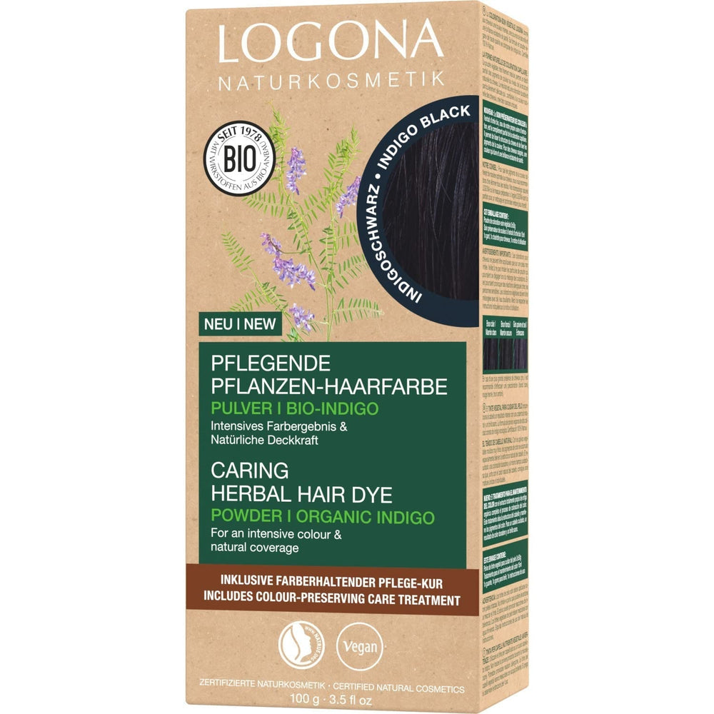 LOGONA Natural Cosmetics Teinture capillaire nourrissante à base de plantes, teinture capillaire végétalienne en poudre de henné biologique pour une couleur et une brillance intenses, teinture capillaire à base de plantes en blond cuivré (blond), 1 x 100 g Naty Shop Coloration capillaire noire indigo 100 g (1 paquet)