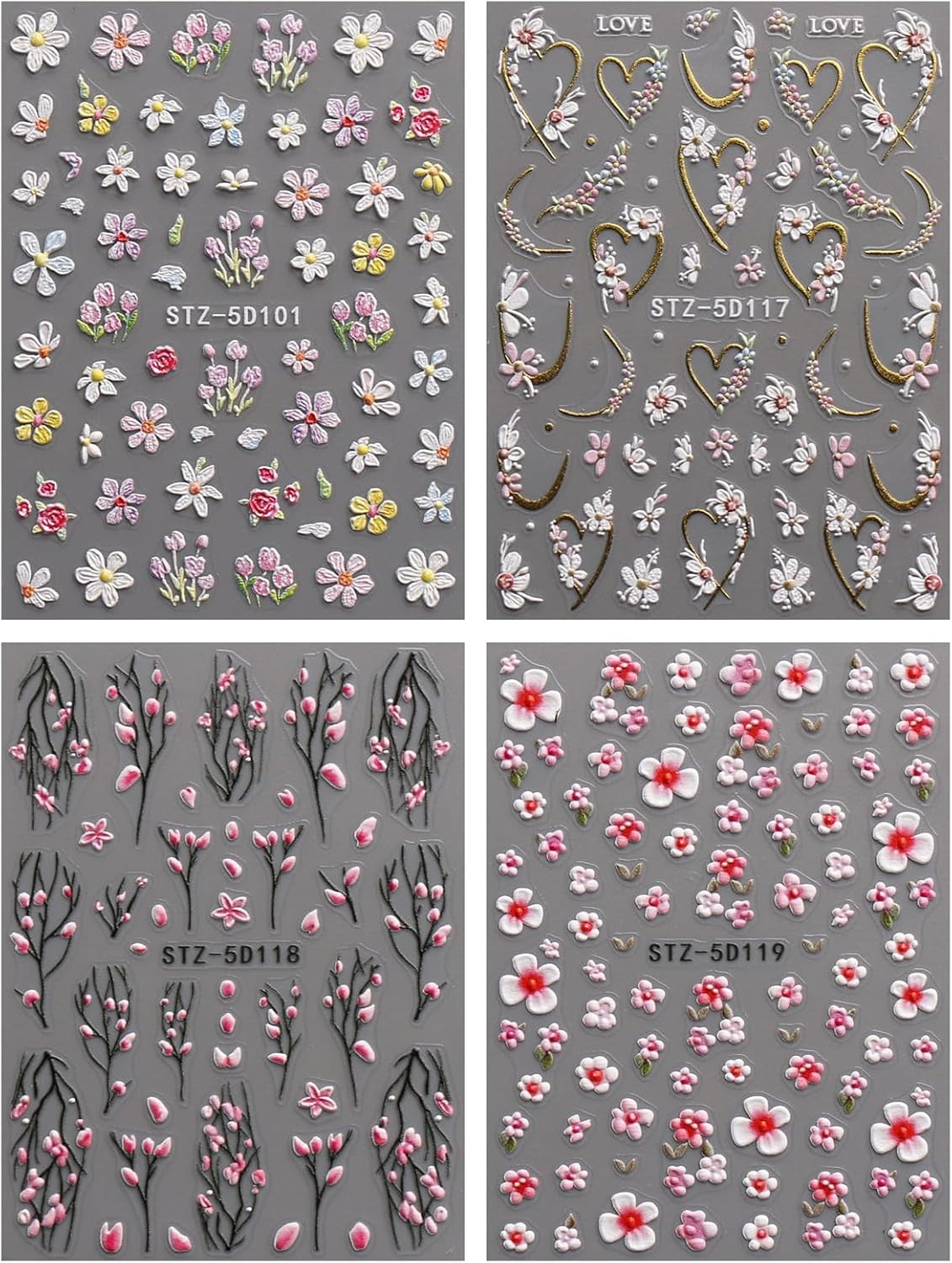 JMEOWIO 3D Nail Art Autocollant Fleur Nail Art Autocollant Selbstklebend Nagelaufkleber 5D Stéréoscopique Frühling Sommer Floral Décoration Nageldesign Zubehör 4 Blatt