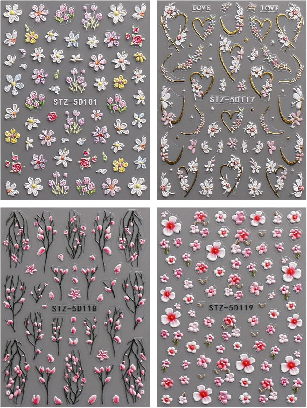 JMEOWIO 3D Nail Art Autocollant Fleur Nail Art Autocollant Selbstklebend Nagelaufkleber 5D Stéréoscopique Frühling Sommer Floral Décoration Nageldesign Zubehör 4 Blatt