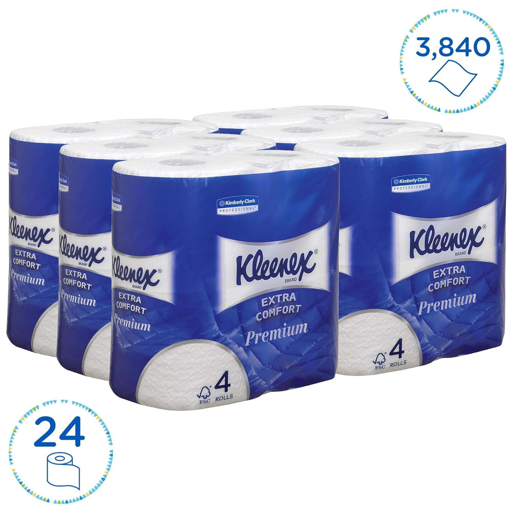 Kleenex Premium Rouleaux de papier toilette 8484, papier toilette 24 rouleaux x 160 feuilles soufflées, papier toilette 4 épaisseurs, 100 % fibres pures, haute qualité, résistant aux déchirures et doux (lot de 2)