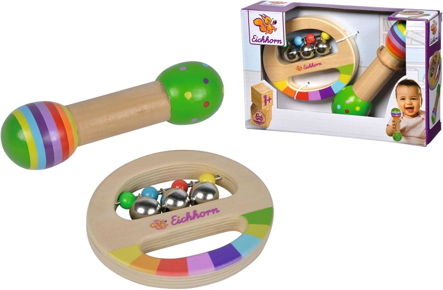 Eichhorn - ensemble musical 2 pièces, comprend un jouet avec des cloches et un bâton sonore, des instruments de musique en bois colorés, à partir de 1 an Jouets pour bébés Naty Shop Titre par défaut
