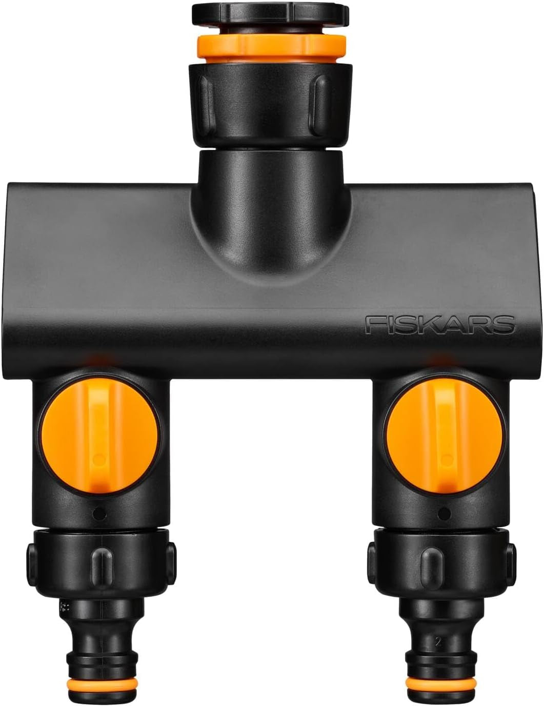 Conector multi-filet Fiskars, filet interior pentru diferite dimensiuni de robinet, pentru trei dimensiuni de filet Ø 21 mm (1/2"), Ø 26,5 mm (3/4") și Ø 33,3 mm (1"), 17 g, negru/portocaliu, 1027051