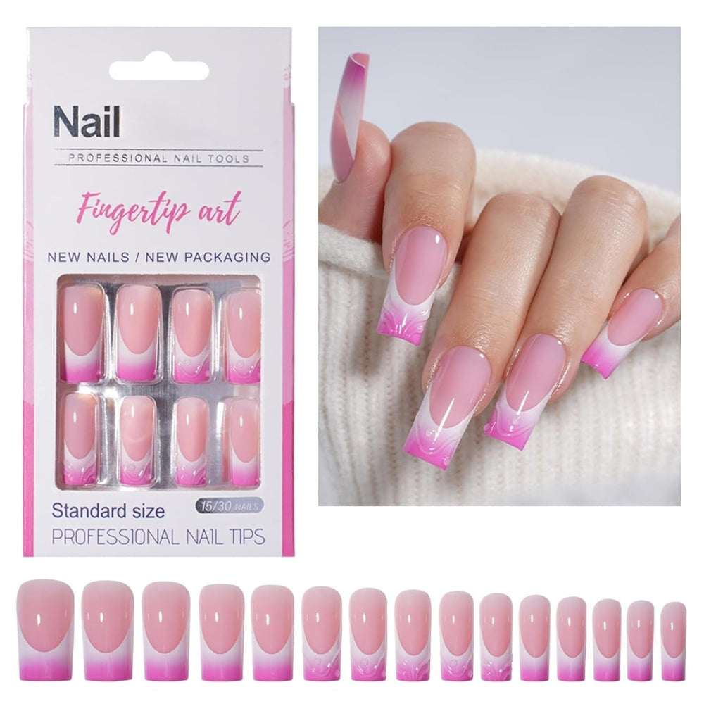 30pcs Faux Ongles Français - Colle sur Ongles Artificiels - Ongles en Gel Doux pour Femme - Ongles Adhésifs Acryliques Manucure Carrée (Rose Français)