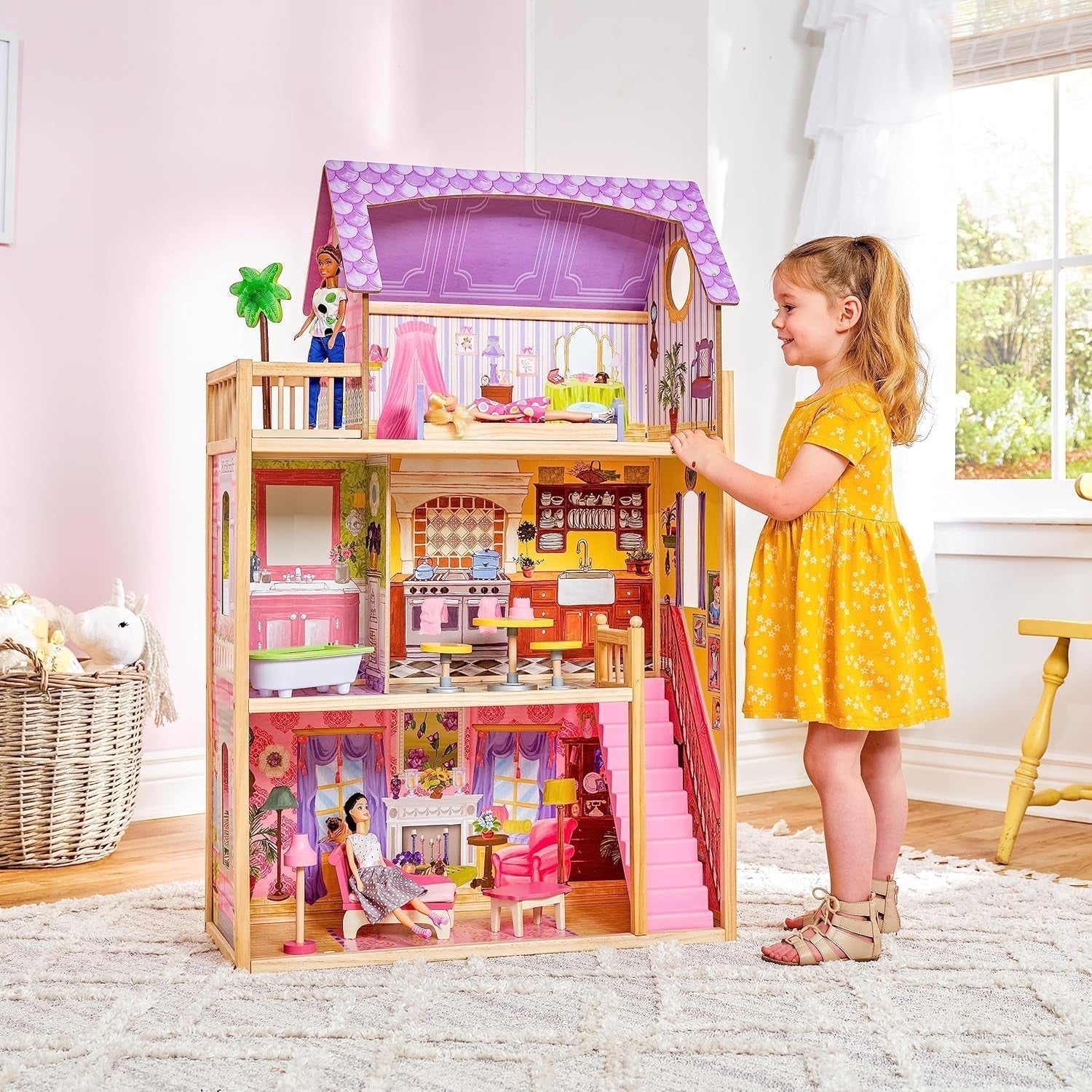 Kidkraft Kayla Maison de poupée en bois avec meubles et accessoires, ensemble de jeu à 3 niveaux pour poupées de 30 cm, jouet pour 3 ans, 65092 - Exclusivement sur Amazon Dollhouses Naty Shop