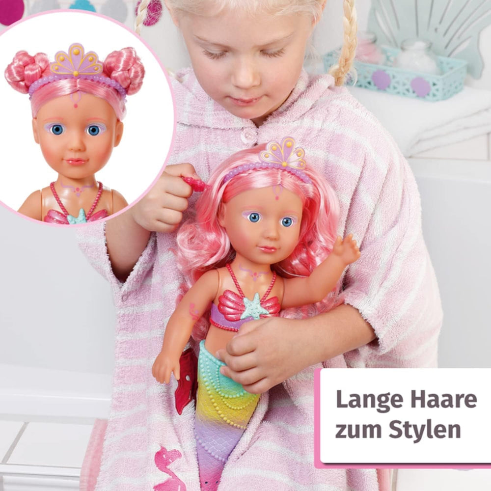 BABY Born Little Sister Mermaid 46 cm Poupée sirène imperméable avec cheveux longs et nageoire scintillante mobile, avec jouet. diadème et peigne, 833681 Zapf Creation Dolls Naty Shop