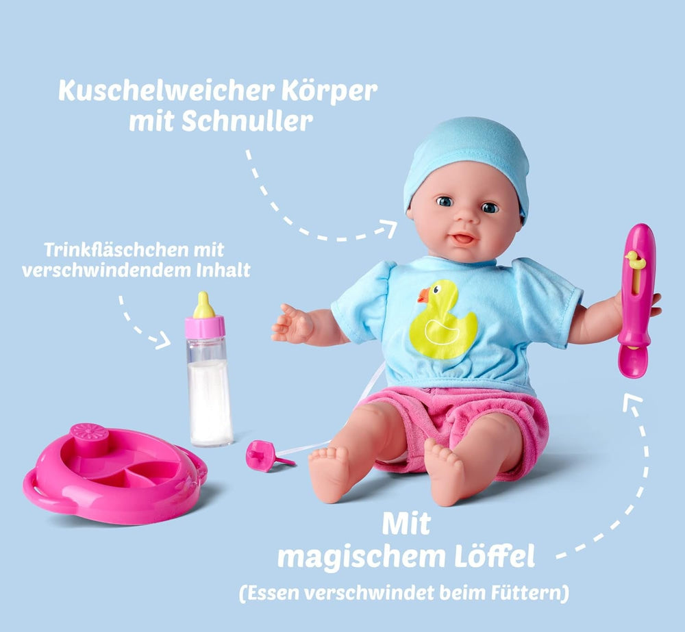 Simba 105010964 - Poupée corps souple Laura Hungry avec mannequin, cuillère magique, bouteille avec contenu qui disparaît et petite assiette, 38cm, poupée à partir de 2 ans Naty Shop Dolls