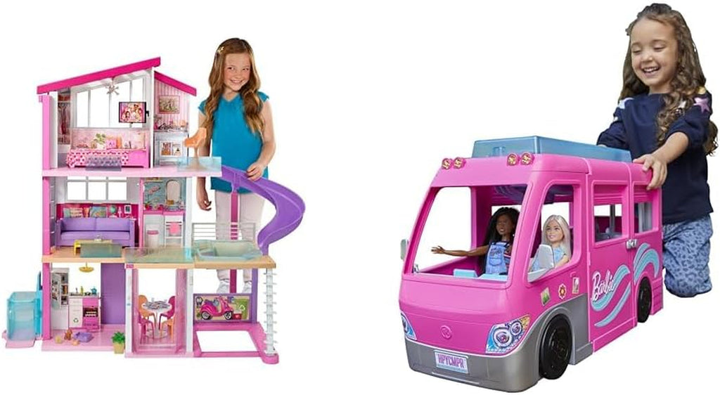 Barbie Dollhouse, Dream Villa Doll, complet mobilată, 3 etaje, 8 camere inclusiv piscină, tobogan și lift, 70 de accesorii, jucării de la 3 ani, GNH53 Casute de papusi Naty Shop Pachet cu Dream Camper Van