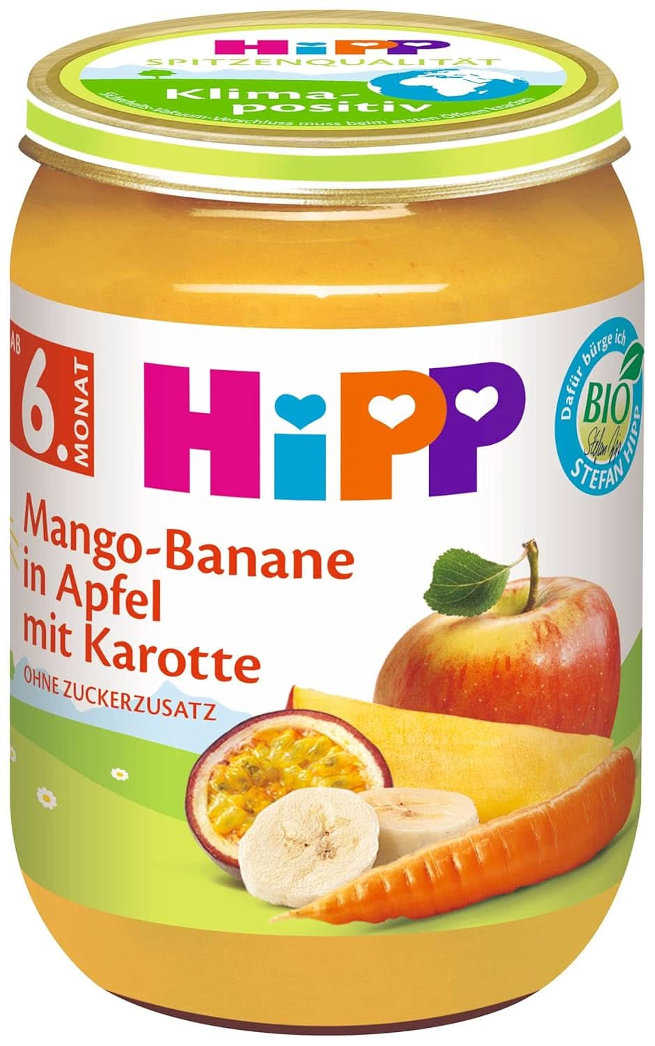 Hipp Pour les Petits Gourmets, Nectarines à la pomme et à la mangue, sans sucre ajouté, 6 X 190 grammes Mère et Enfant Naty Shop 190 grammes Mangue et banane à la compote de pommes, carotte