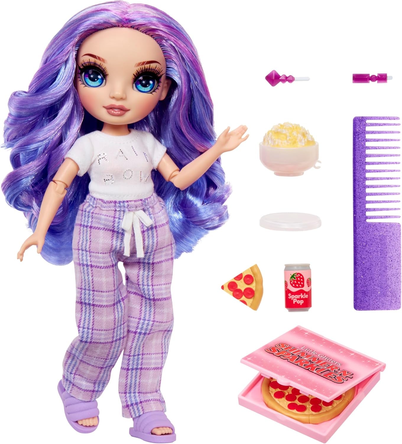 Rainbow High Junior High PJ Party Doll - Violet - 22 cm avec combinaison douce, chaussons et accessoires de jeu - Jouet pour enfants - Idéal pour les 4-12 ans