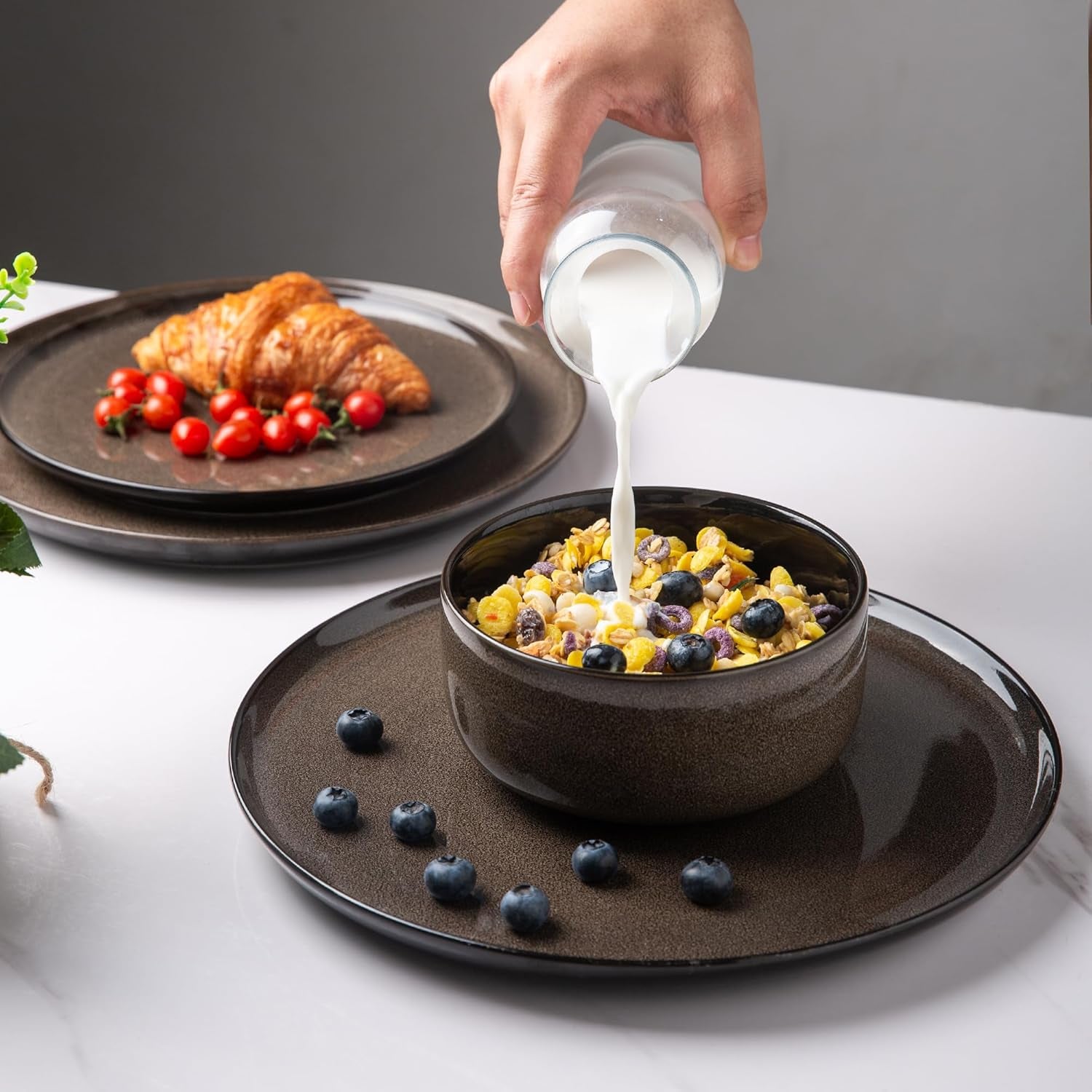 LeRatio Service de table pour 6 personnes, service de table 18 pièces en porcelaine, vernis réactif, ensemble de bols et d'assiettes résistants aux rayures, passe au lave-vaisselle et au micro-ondes, vaisselle