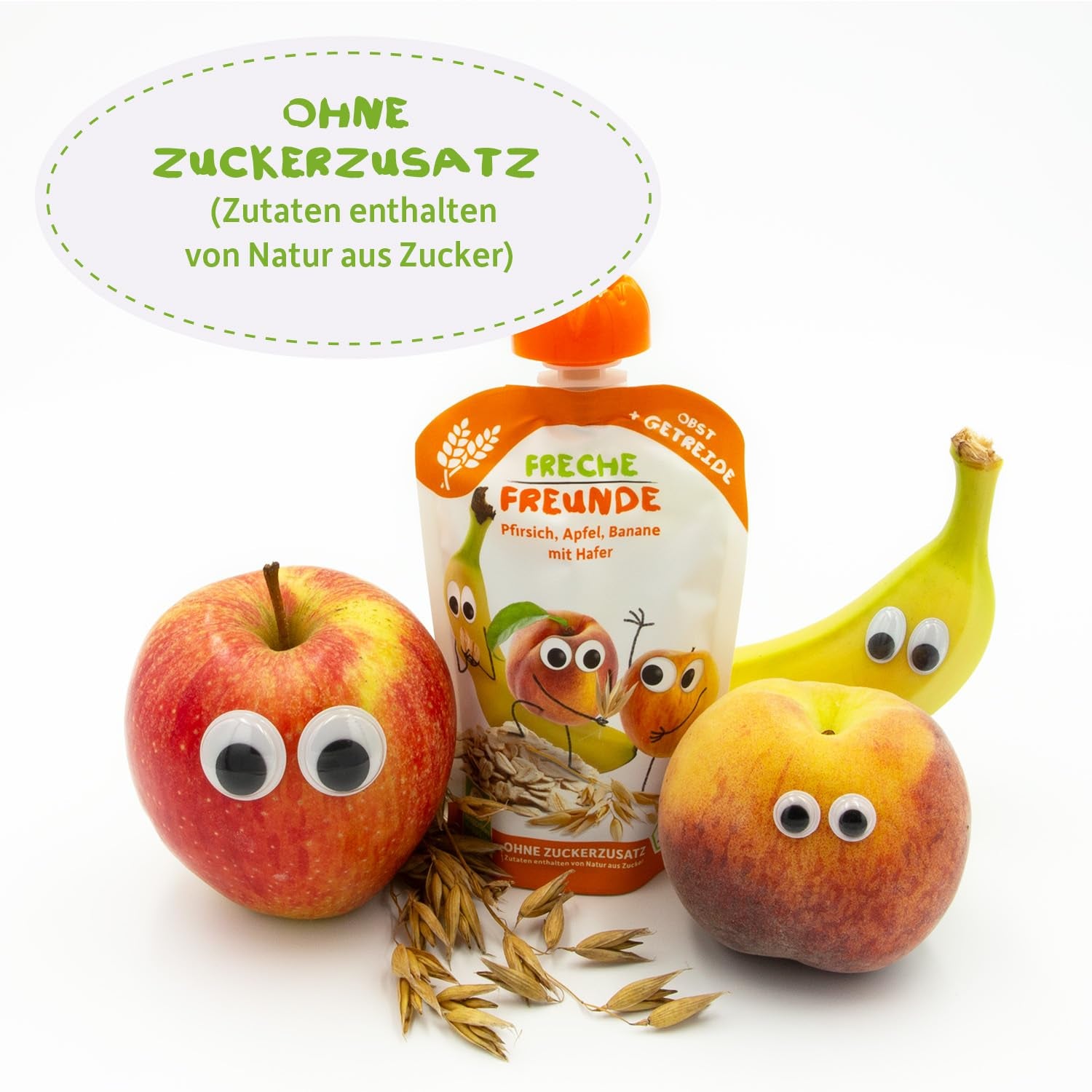 FRECHE FREUNDE Pêche Pomme Banane Avoine Purée de Fruits Bio avec Céréales dans un Sachet Pressable pour Bébés à partir de 6 Mois Vegan 6 Pack (6 x 100g)