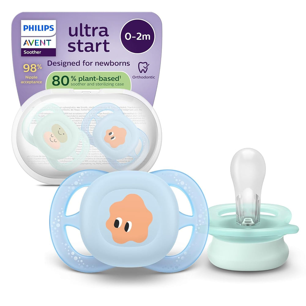 Philips AVENT Ultra Start Night Sucette, Sucette orthodontique pour nouveau-nés, Brille dans le noir, Sans BPA, avec récipient de stérilisation, Lot de 2, Lune, Étoile, SCF075/07
