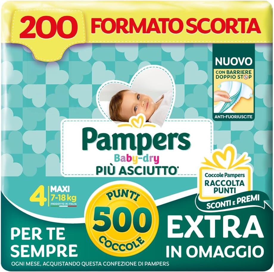 Pampers Baby Dry Maxi Taille 4 (7-18 kg), 200 couches + 500 points câlins supplémentaires gratuits