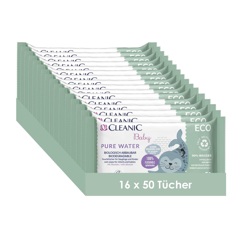 Lingettes humides Cleanic Baby Eco Pure Water – (1 x 50 pcs.) Lingettes humides pour enfants et nourrissons – sans parfum, jetables dans les toilettes, peaux sensibles – 50 pcs.