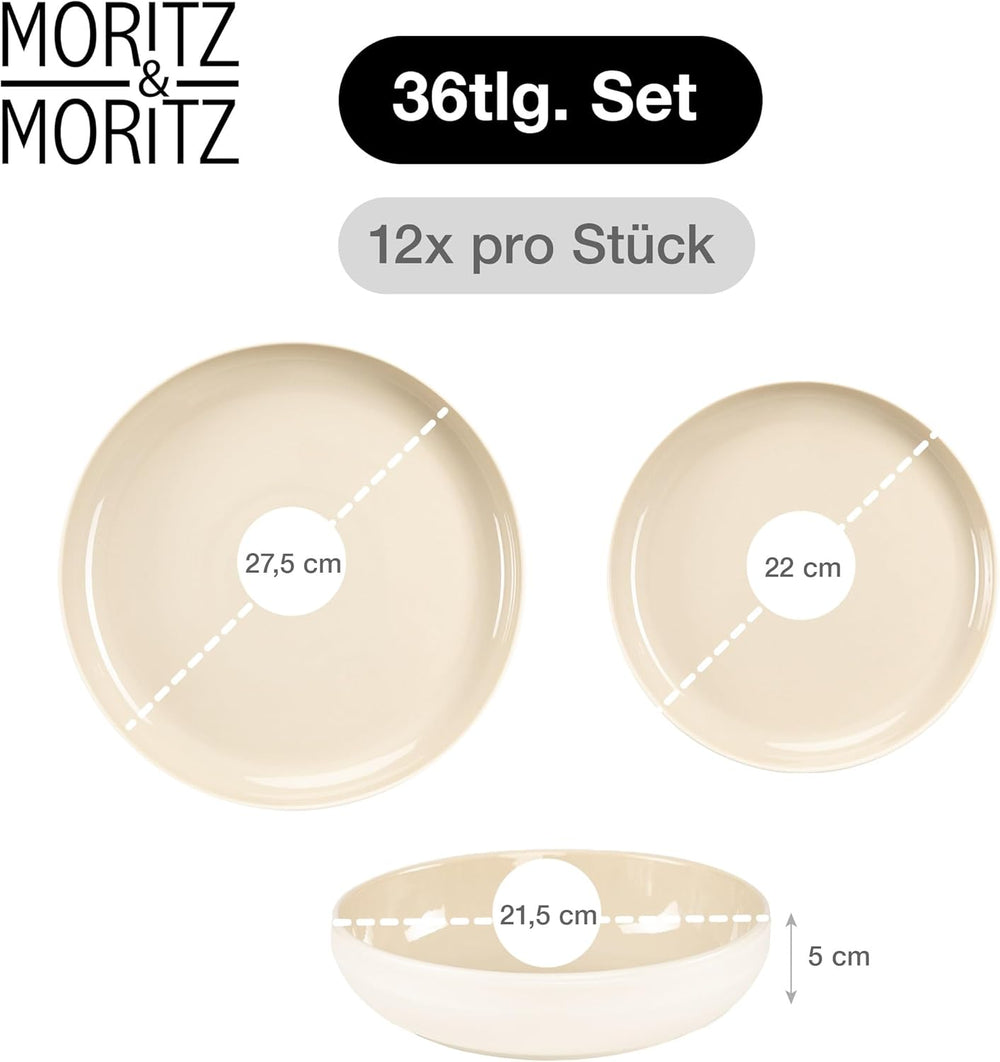 Moritz & Moritz CAVO service de table en grès pour 12 personnes, 36 pièces - Service de table moderne couleur sable - Service combiné facile d'entretien avec assiettes et bols - Service à café