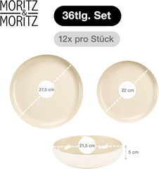 Moritz & Moritz CAVO service de table en grès pour 12 personnes, 36 pièces - Service de table moderne couleur sable - Service combiné facile d'entretien avec assiettes et bols - Service à café