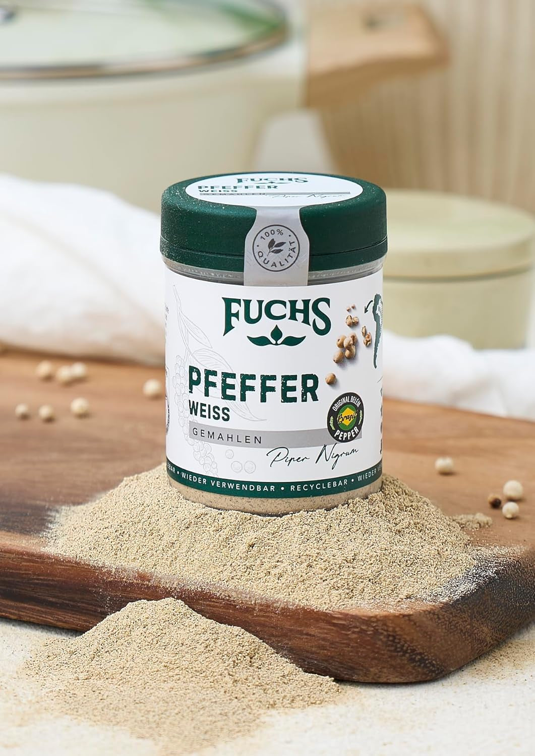 Fuchs Gewürze - Pfeffer weiß gemahlen - Pfeffer aus dem Amazonasgebiet, für helle Saucen, Fisch oder Suppen - Ingrédients naturels - 60 g en dose variable, recyclable
