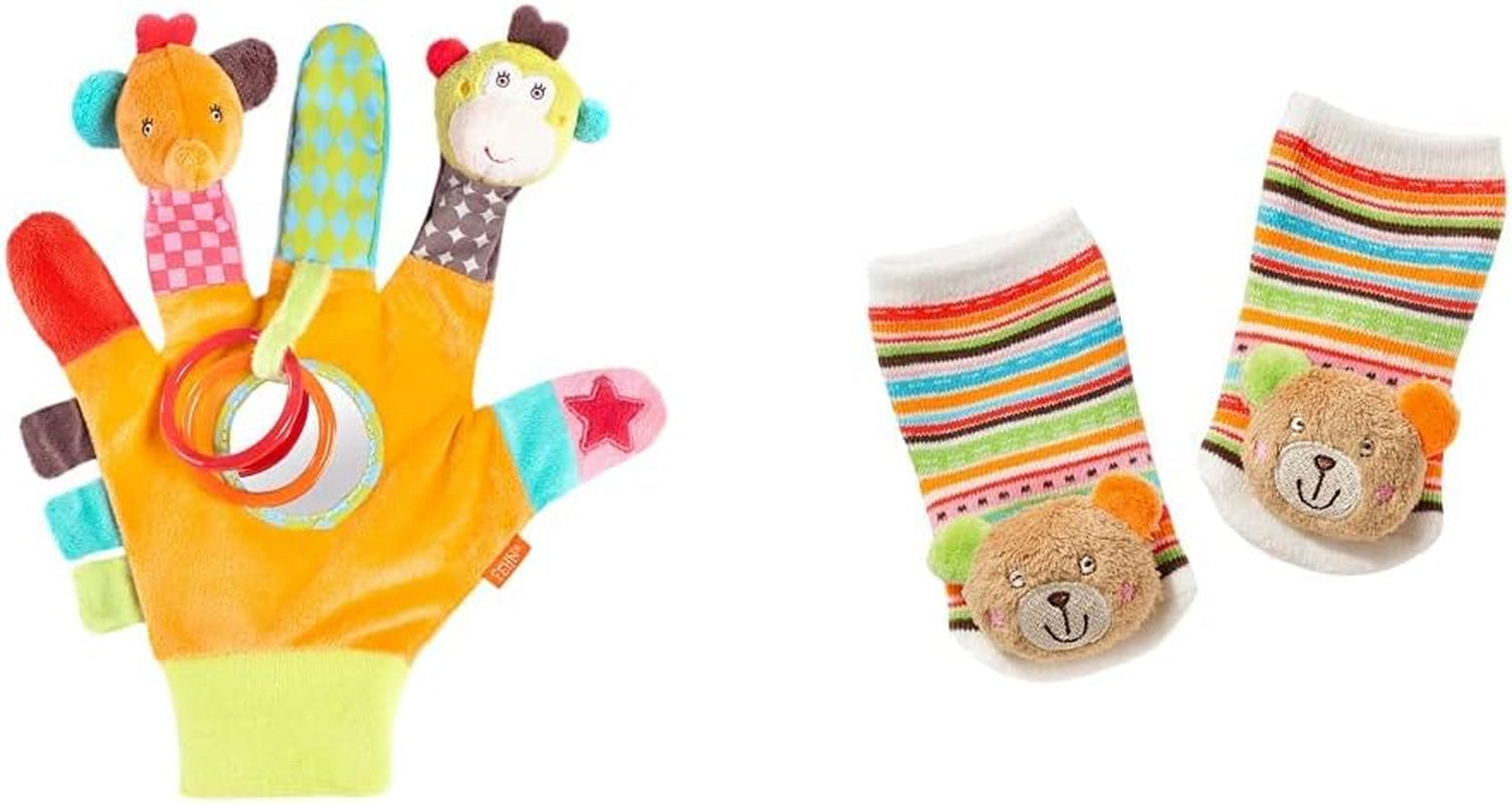 Fehn Play Glove Safari - Marionnettes à doigts singe et éléphant pour enfants et chaussettes cloches licorne pour enfants - chaussettes pour enfants avec fonction cloche et tête de licorne - stimulent la motricité et les sens Bebe Toys Naty Shop Safari Plush Hochet Chaussettes Pack