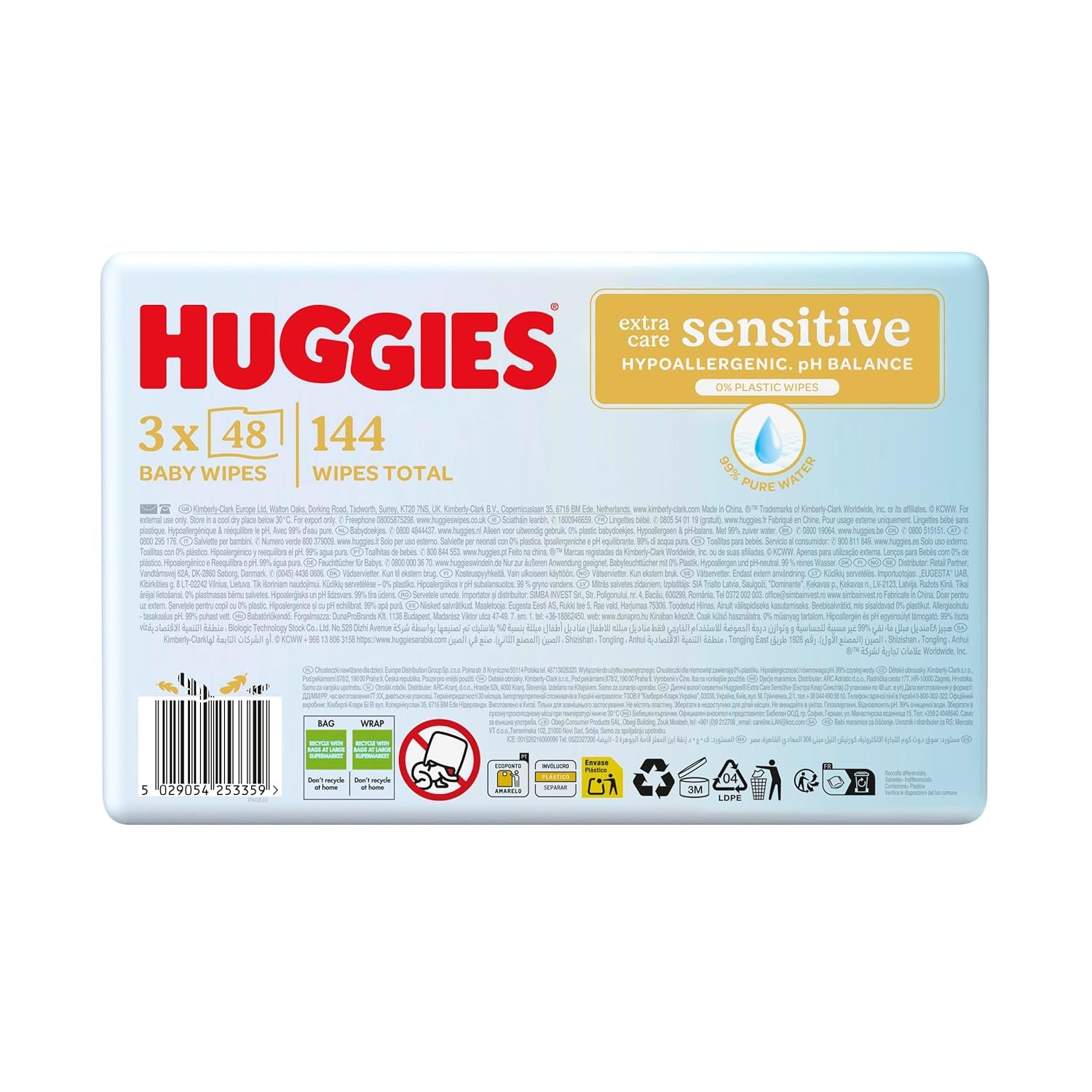 Lingettes pour bébés sensibles Huggies Pure Extra Care, 99 % d'eau, sans plastique, sans parfum