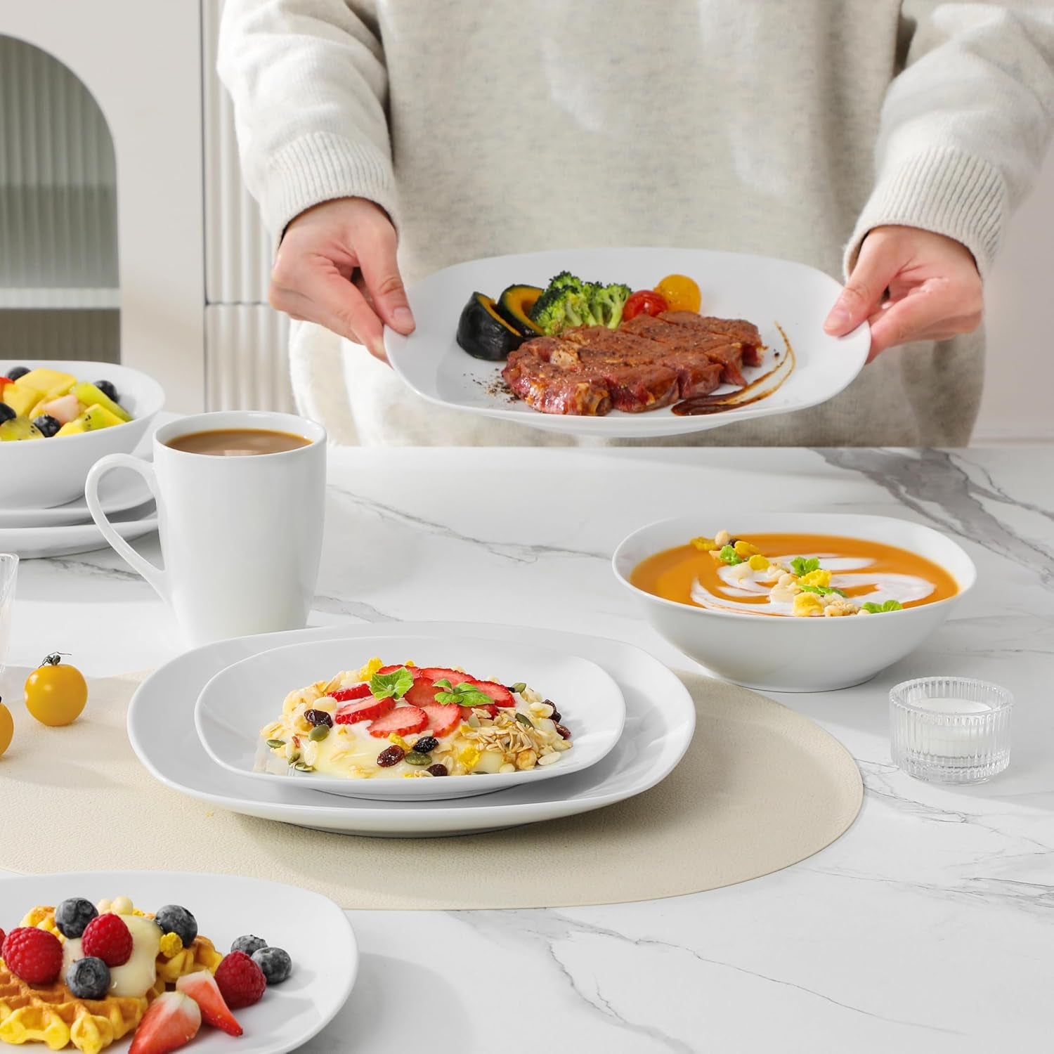 MALACASA Service de table pour 4 personnes, 16 pièces en porcelaine blanche, service de table moderne avec 4 assiettes plates, assiettes à dessert, assiettes et tasses Suma, série ELISA
