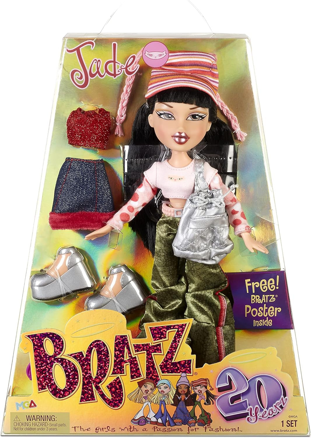 Bratz 20 Special Edition Modepuppe Cameron-Holografische Verpackung & Poster-Sammelpuppe-20 Yearz Motiv, Fan-Liebling Neuauflage von 2001-Mit 2 Outfits, Schuhen, Tasche & Mehr