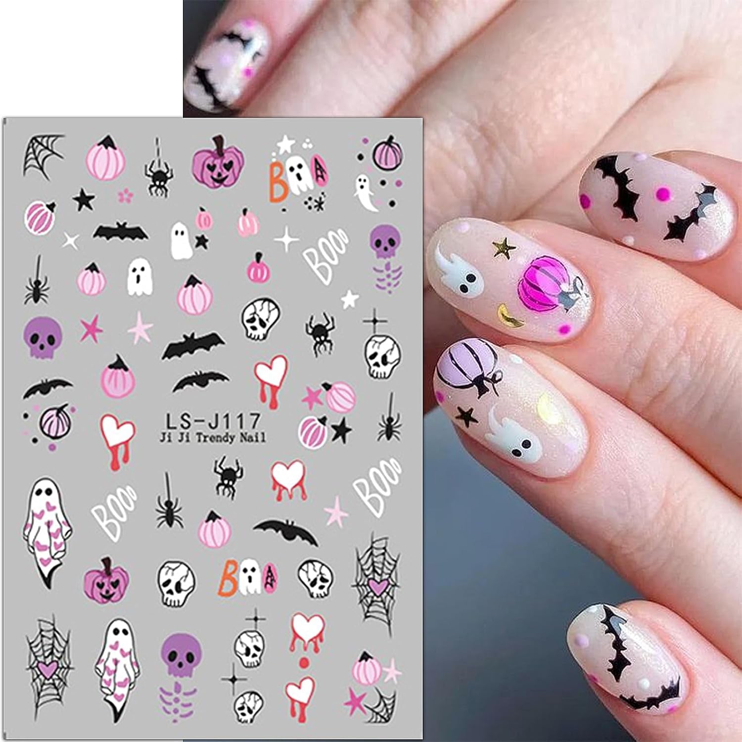 JMEOWIO Nagelsticker Halloween Süßer Geisterkürbis 9 Blatt Nail Art Sticker Selbstklebend Nagelaufkleber Dekoration Nageldesign Zubehör