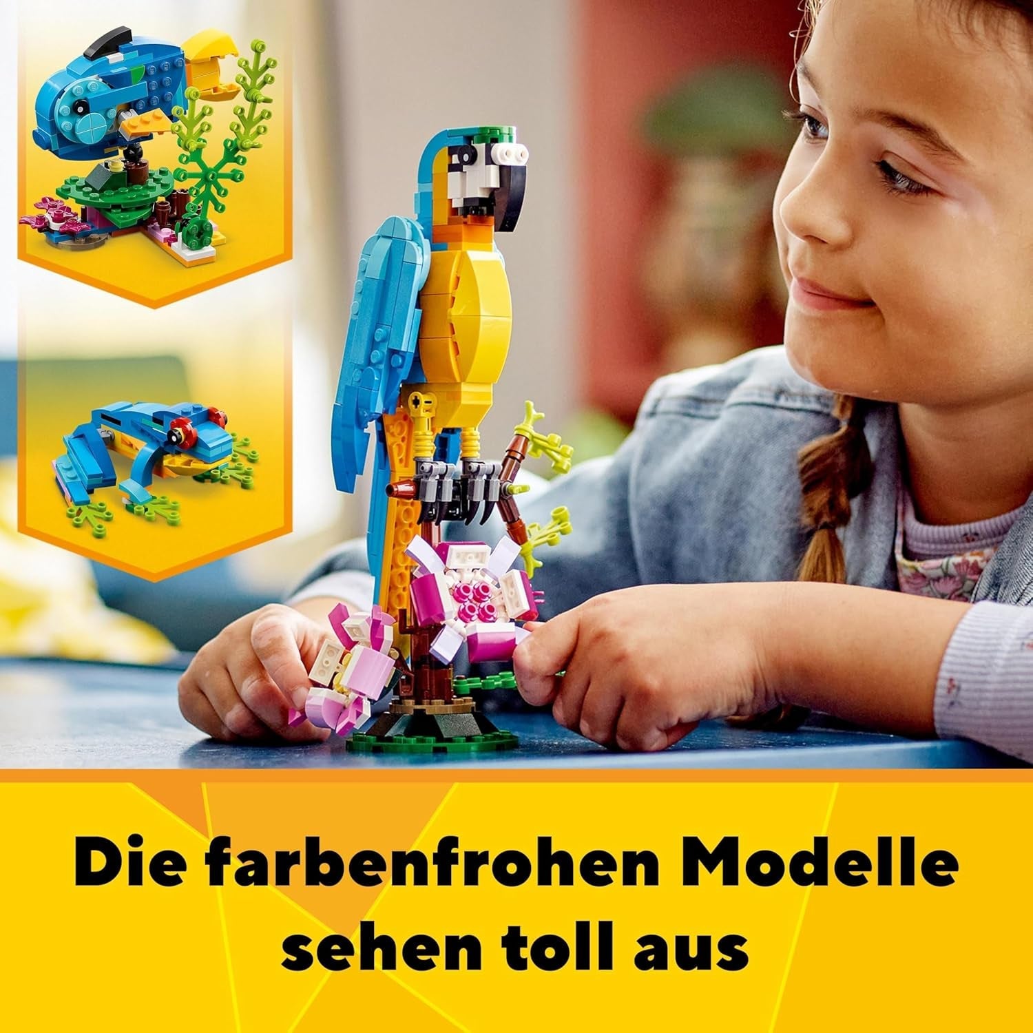 LEGO Creator 3in1 Exotischer Papagei - Konstruktionsspielzeug mit DREI Tierfiguren - Spielzeug mit Papagei, Fisch und Frosch Minifiguren - Kreatives Geschenk für Mädchen und Jungen ab 7 Jahren 31136