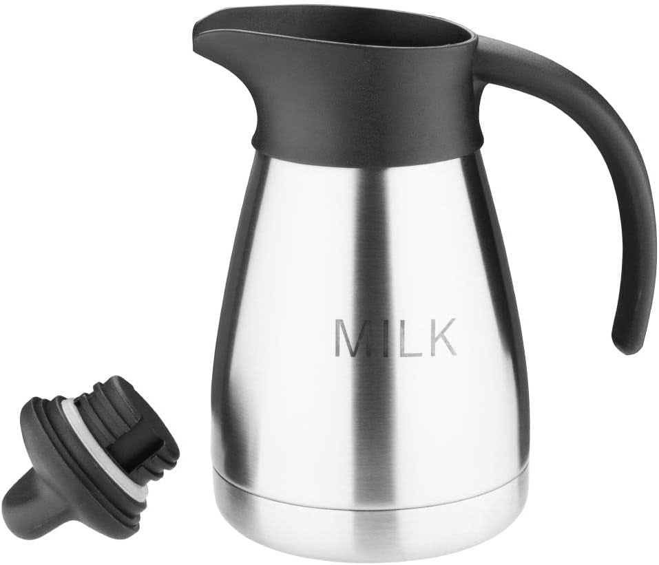 Cană de lapte vidată Olympia cu capac cu filet, 500 ml/17 oz, oțel inoxidabil cu capac negru, imprimeu cu lapte pe lateral, stații de bufet pentru ceai și cafea, CL371