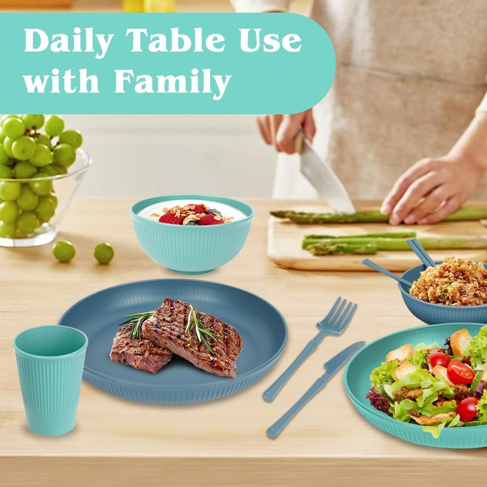 Ensemble de vaisselle de camping 53 pièces pour 4 personnes, vaisselle de camping indestructible pour 4 personnes, ensemble de vaisselle en plastique léger avec sac de transport, assiettes et bols empilables, vaisselle de pique-nique de jardin pour barbecue