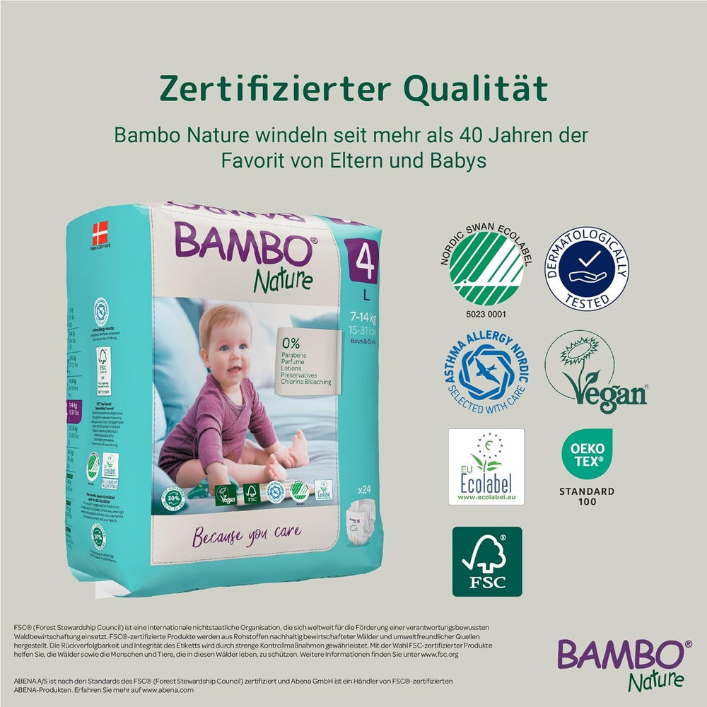 Scutece Bambo Nature pentru bebeluși, mărimea 4 (7-14 kg), 144 buc., cutie lunară | Scutece premium cu protecție îmbunătățită împotriva scurgerilor | Confort și libertate supreme pentru copiii activi | Scutece testate dermatologic