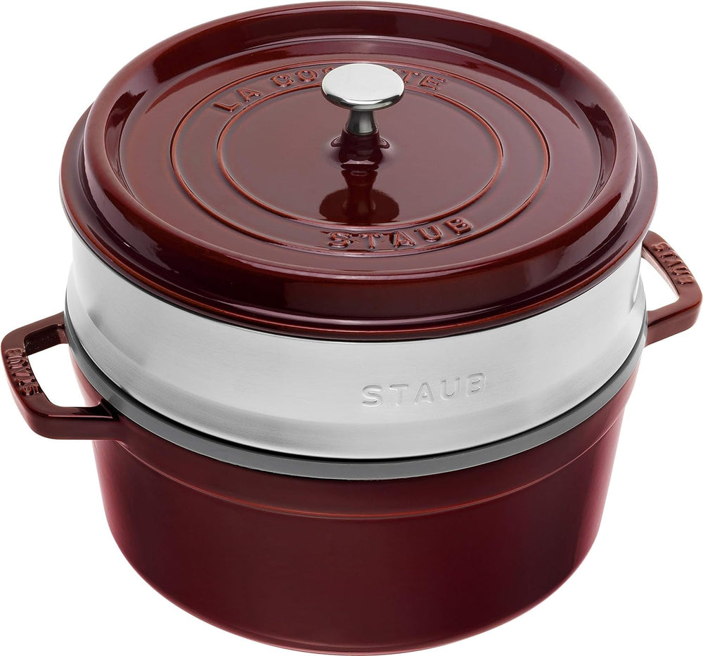 STAUB Gusseisen Bräter/Cocotte, Mit Dämpfeinsatz Aus Edelstahl, Rund 26 Cm, 5.2 L, Aromaregen Funktion Für Optimale Befeuchtung, Für Alle Herdarten Inkl. Induktion & Backofen, Kirschrot, Rot Moules et plaques à pâtisserie Naty Shop Grenadine