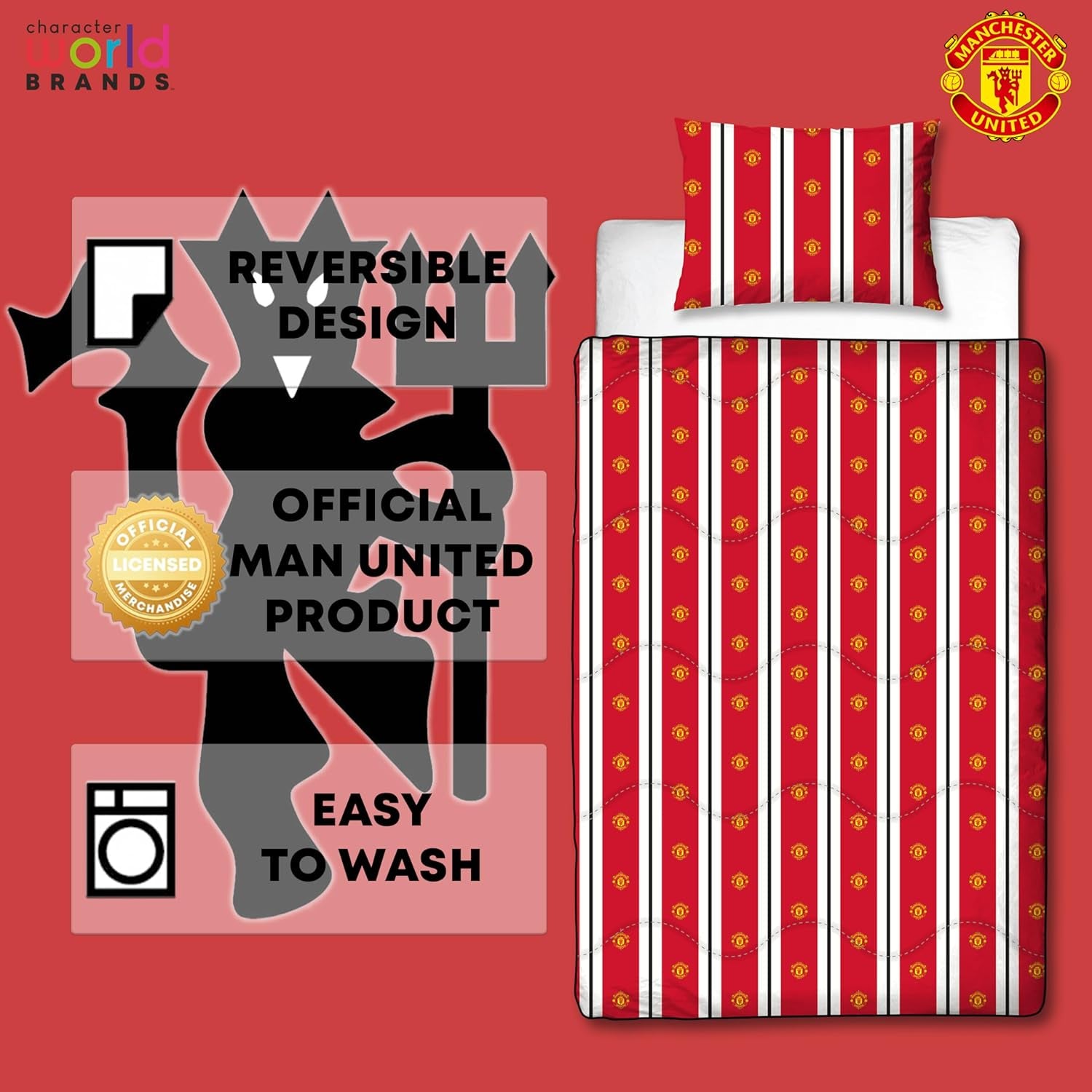 Manchester United FC Couette simple officielle réversible, rouge et blanc, sans housse, couette de football, taie d'oreiller, lavable, parfaite pour les voyages, les séjours d'une nuit, 10,5 Tog Couettes et couettes Naty Shop