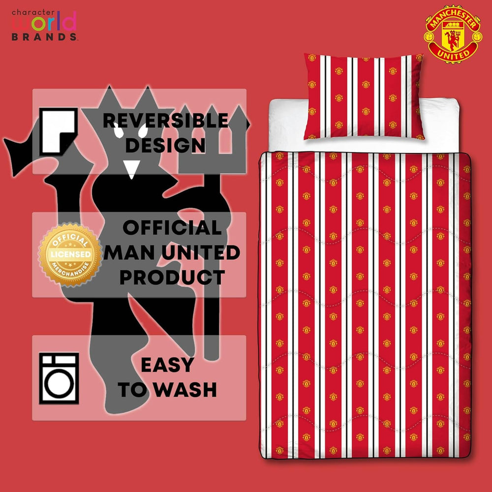 Manchester United FC Couette simple officielle réversible, rouge et blanc, sans housse, couette de football, taie d'oreiller, lavable, parfaite pour les voyages, les séjours d'une nuit, 10,5 Tog Couettes et couettes Naty Shop