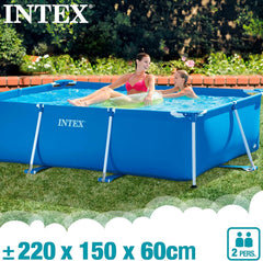 Rectangular Frame Pool - Aufstellpool, Blau - 220 x 150 x 60 cm & Oberflächenskimmer - Deluxe Oberflächenskimmer zur Wandmontage - Hängeskimmer, Grau